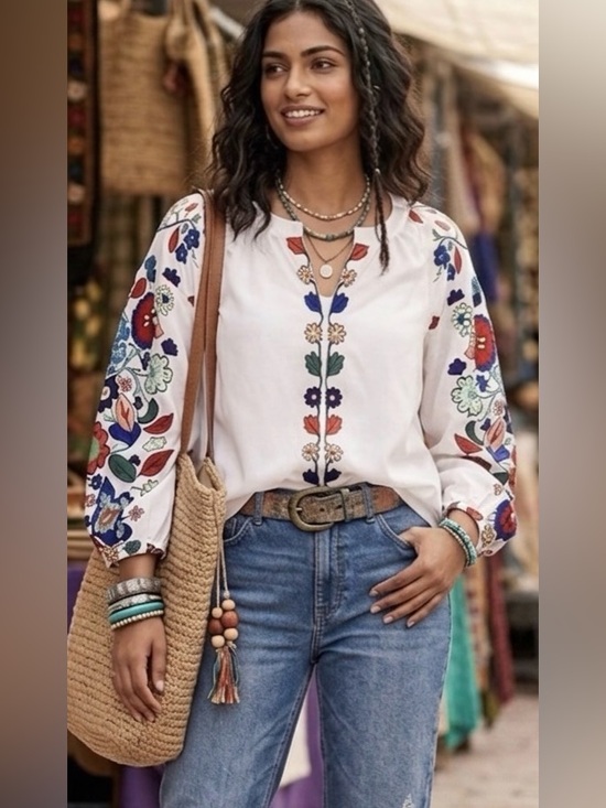 Tops - Bohemian NWOT Floral Embroidered blouse, L, P2P 20”